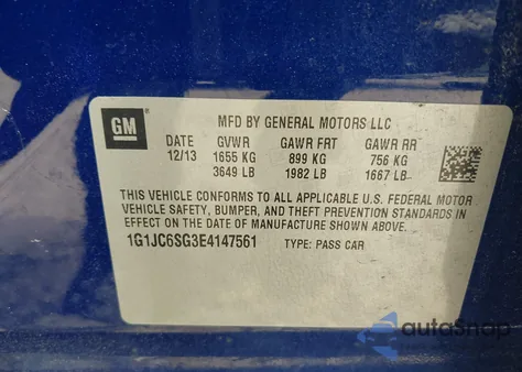 2014 Chevrolet Sonic Lt Auto z USA, uszkodzony, nr VIN 1G1JC6SG3E4147561